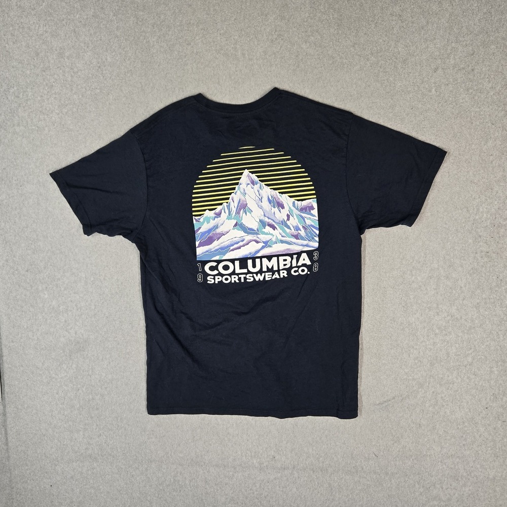 Columbia Men Shirt L Navy Graphic Mountain Logo Short Sleeve Crew Neck Hike Tee